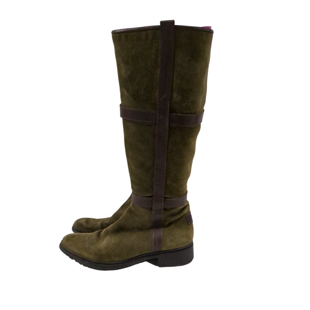 Hunter Olive Green Suede Knee High Riding Boots Brown Leather Straps Size 8 - Picture 5 of 6
